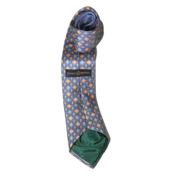 Tommy Hilfiger silk Elegant Blue and peach seahorse Patterned Tie 62” x 4” - Picture 4 of 6